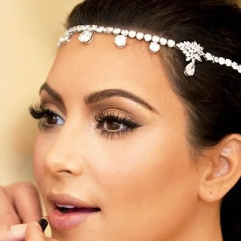 

Czech Sparkly Crystal Women Forehead Headband Head Chain Headpiece Rhinestone Teardrop Tiara Vines Bridal Wedding Hair Jewelry