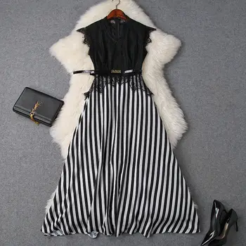 

2019 Dress Sexy Celebrity Patchwork Lace Striped Wommen O Neck Sashes Night Club Sleeveless Body con Party Dresses Wholesale