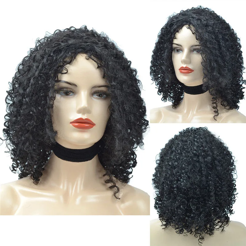 Афро кудрявые парики для женщин короткий синтетический парик с челкой Омбре коричневые парики африканские черные парики термостойкий косплей парик - Цвет: Black