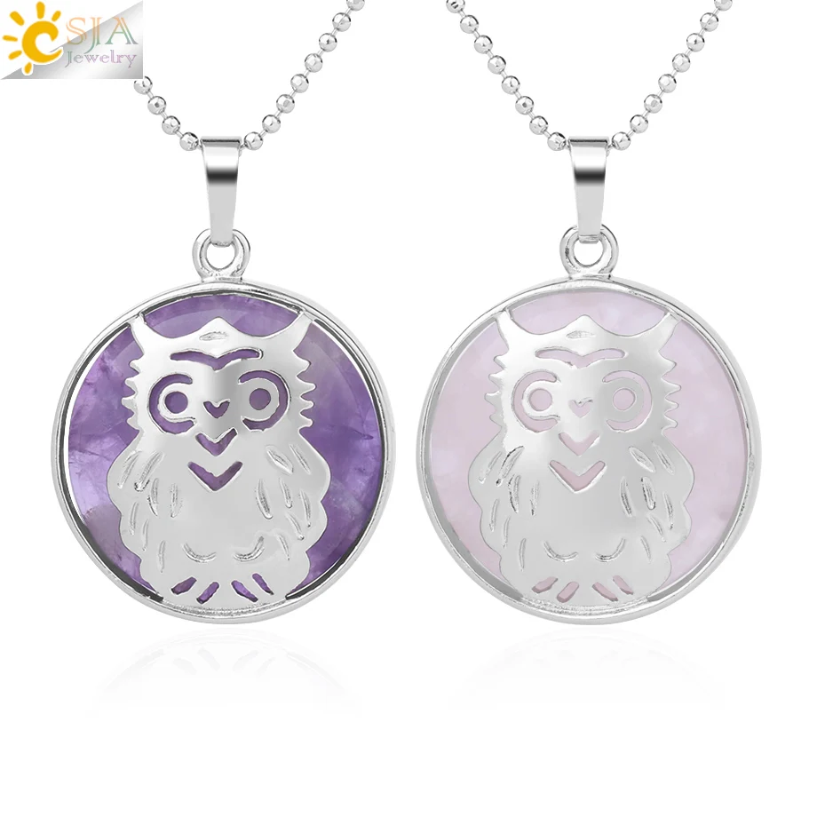 

CSJA Reiki Quartz Natural Stone Pendants Owl Necklace Purple Pink White Crystal Green Aventurine Tiger Eye Chakra Jewelry F969