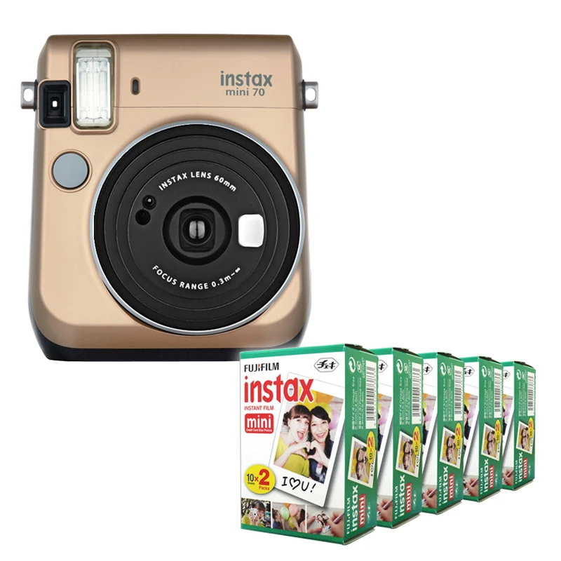 Фотокамера моментальной печати Fujifilm Instax Mini 70 Gold со стильным плечевым ремнем+ фотопленка моментальной печати Fuji 100