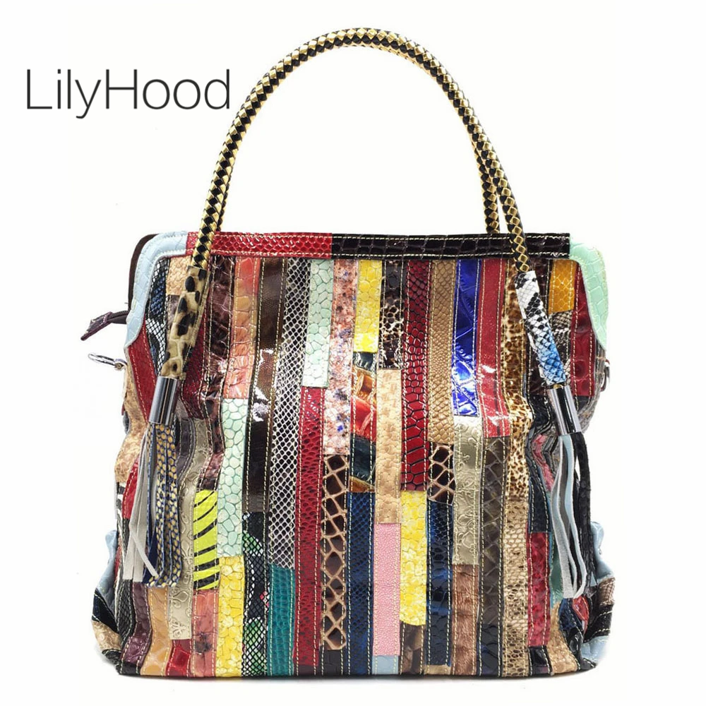 

Multi-color Patchwork Genuine Leather Handbag Women Snake Lizard Pattern Natural Leather Top-handle Bag Female Big Capacity Tote
