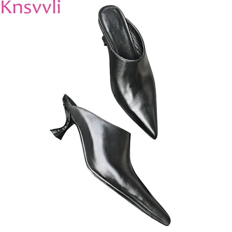 

Knsvvli 2019 new spring kitten heels slippers woman genuine leather pointed toe black women pumps fashion mules shoes women