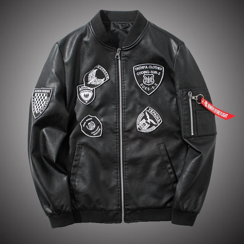 Bomber PU Leather Jaket Men Biker Military Baseball Jackets Streetwear Hip Hop 2018 Fashion Fall Black Leather Coat for Men S110