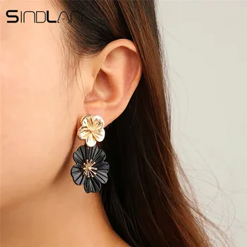 

Sindlan Vintage Gold Black Flower Drop Earrings for Women Elegant Lady Statement Earrings Korean Fashion Ear Studs Jewelry