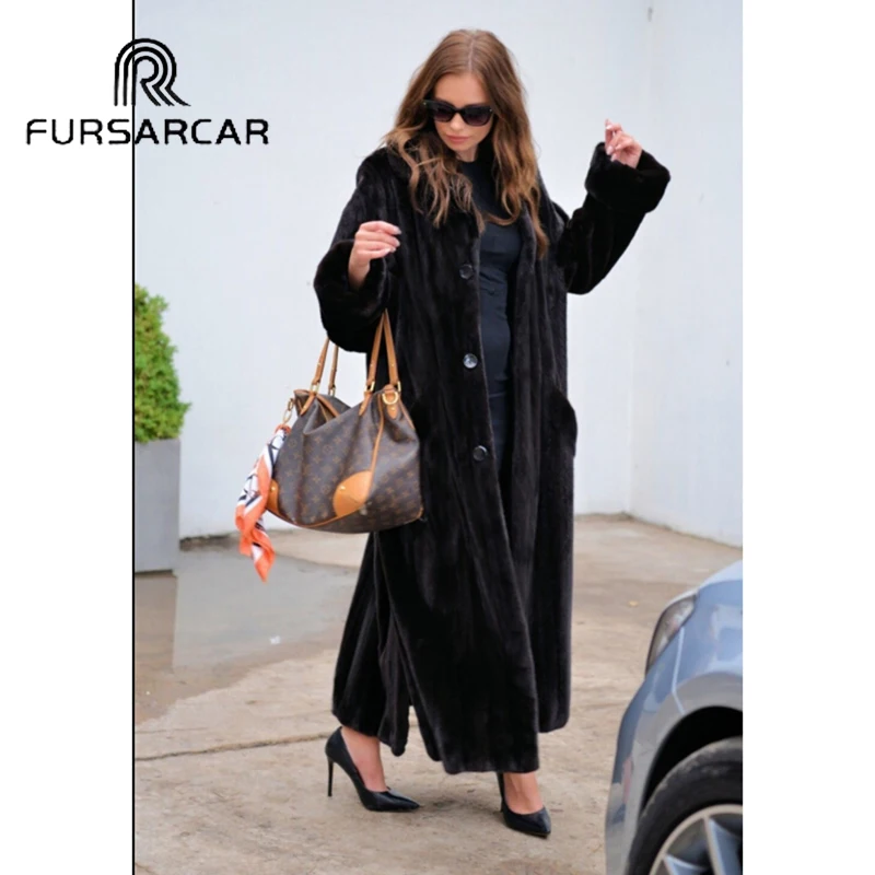 FURSARCAR, модное натуральное Норковое меховое пальто для женщин, натуральная кожа, мех норки, Женское пальто с отложным воротником, роскошный мех