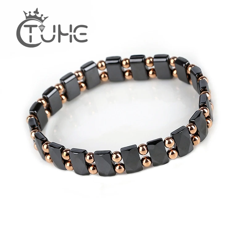 

New 585 Rose Gold Beads Ceramic Elasticity Bracelet Healthy Black Ceramic Material For Women Men Adjustble Bangle Wedding Gifts