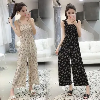 

2019 summer new retro floral straps jumpsuit high waist slimming chiffon wide leg pants jumpsuit