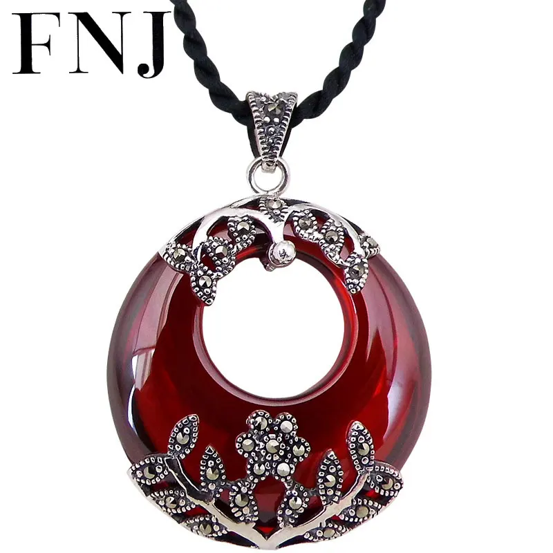 

FNJ 925 Silver Flower Pendant New Fashion Round Red Stone S925 Original Thai Silver Pendants for Women Jewelry Making