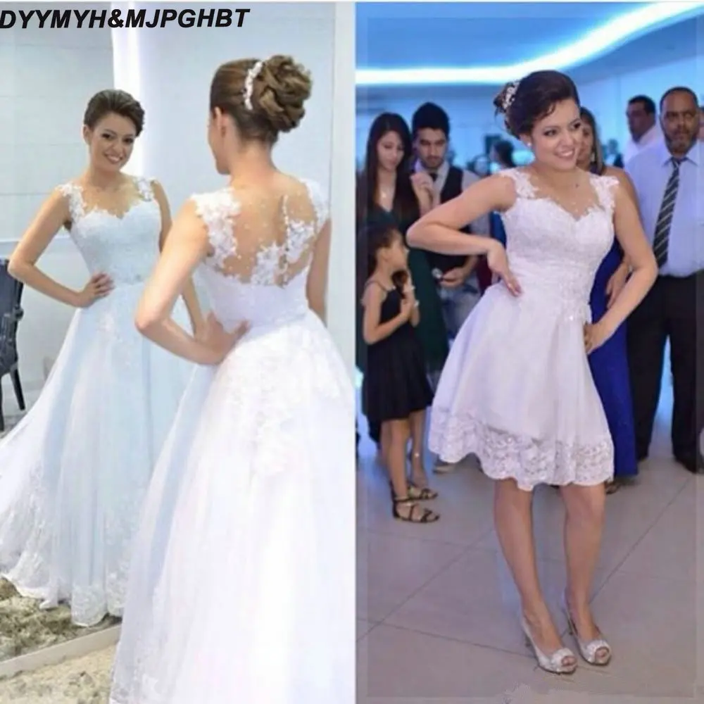 Fashion Detachable Wedding Dresses 2019 White Pearls Applique Lace 2 Two Piece Wedding Gowns Illusion Back Modern Sexy bridal2_