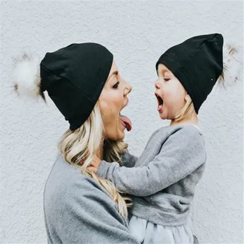 

2 Pieces Winter Mom Women Baby Kids Crochet Knitted Hat Caps Children Girl Boy Wool Fur Bobble Ball Pompom Beanies Hats
