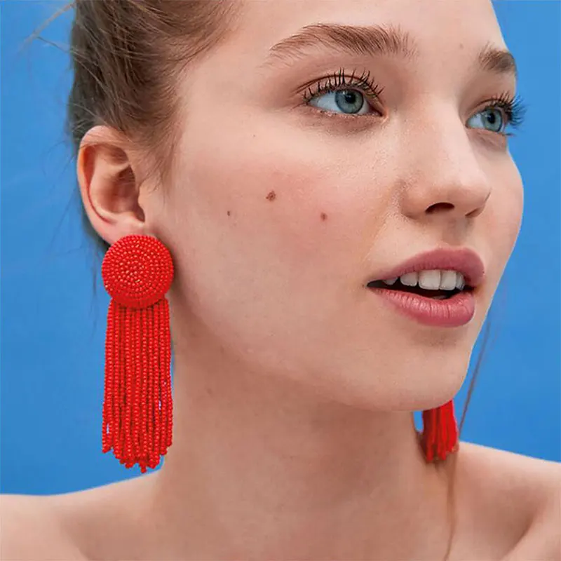 Bohemian Long Resin Beads Tassel Earring Fringed Statement stud Earrings For Women Fashion ZA Jewelry 2018 | Украшения и