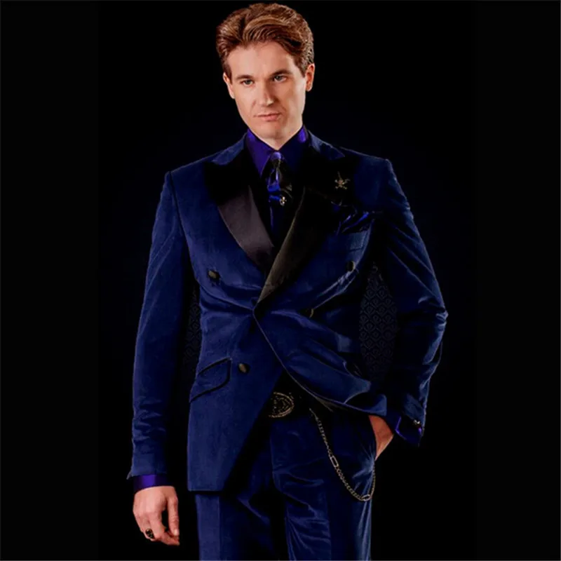 Double Breasted Dark Blue Velvet Men Suit Groom Tuxedo Prom Wedding mens suits 2017 Man Blazer