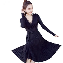 New Sexy Deep V-neck Sweater Pleated Dress Women Autumn Winter Maxi Long Knitted Dress Pull Femme Vestido Evening Party Dresses 2017 new autumn winter women s fashion long sleeve knitted sweater dress female thin pleated deep v neck vintage dress dresses 5