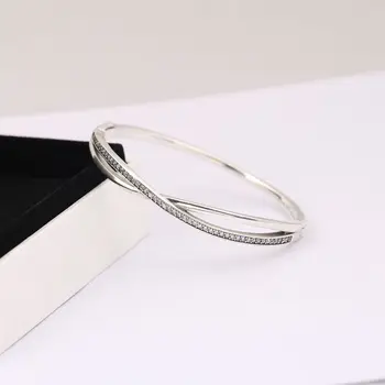 

Authentic S925 Sterling Silver Women Bracelet Bangle fit Lady Bead Charms Pendant Dangle Entwined Bangle Bracelet Clear CZ