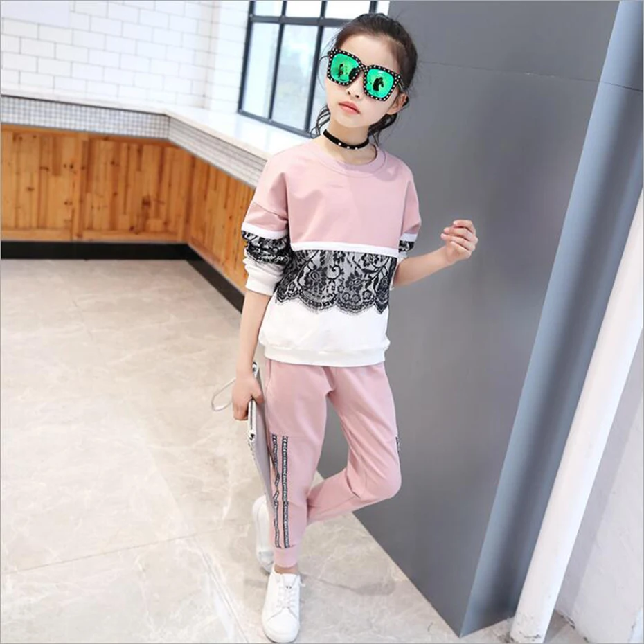 Big Girls Sports Suits Lace Girls Clothing Set Teenage Girl Tracksuit