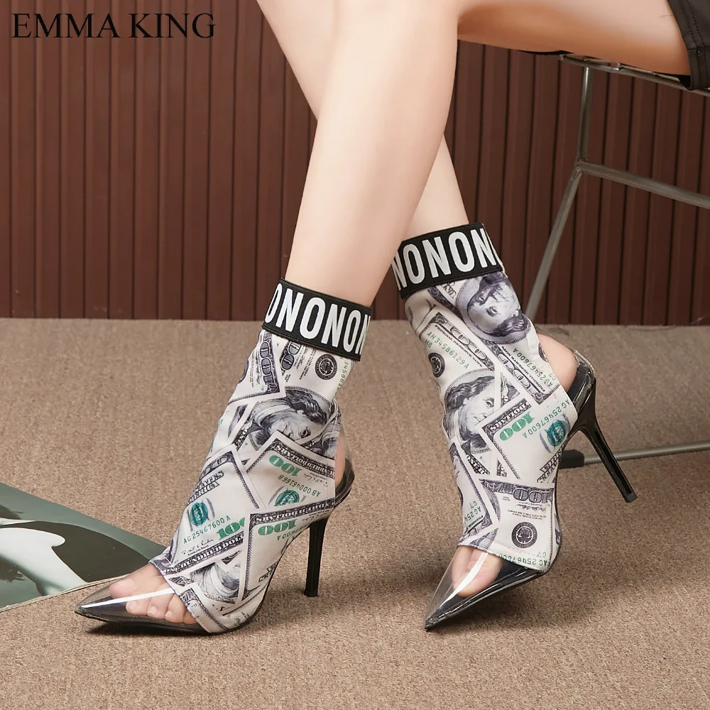 

EMMA KING2019 New Dollars Printed Pattern Transparent PVC Pointed Toe Ankle High Heels Stilettos Women Spring Autumn Women Boots