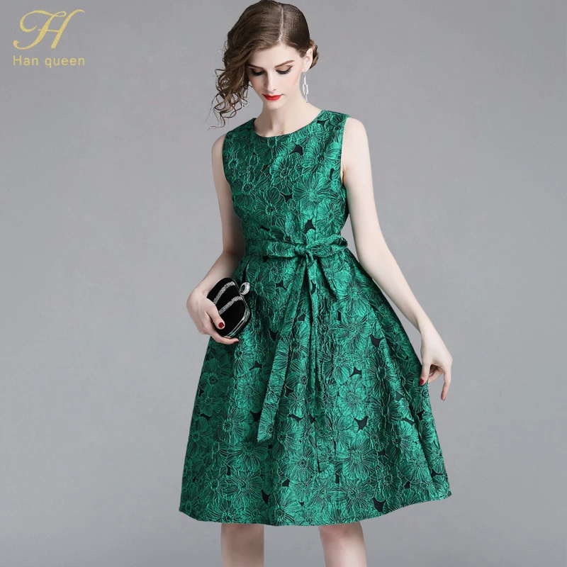 

H Han Queen New 2019 Spring Bow Jacquard Dress Brand Casual Party Slim Sleeveless Vintage Office Dresses Women Vestidos