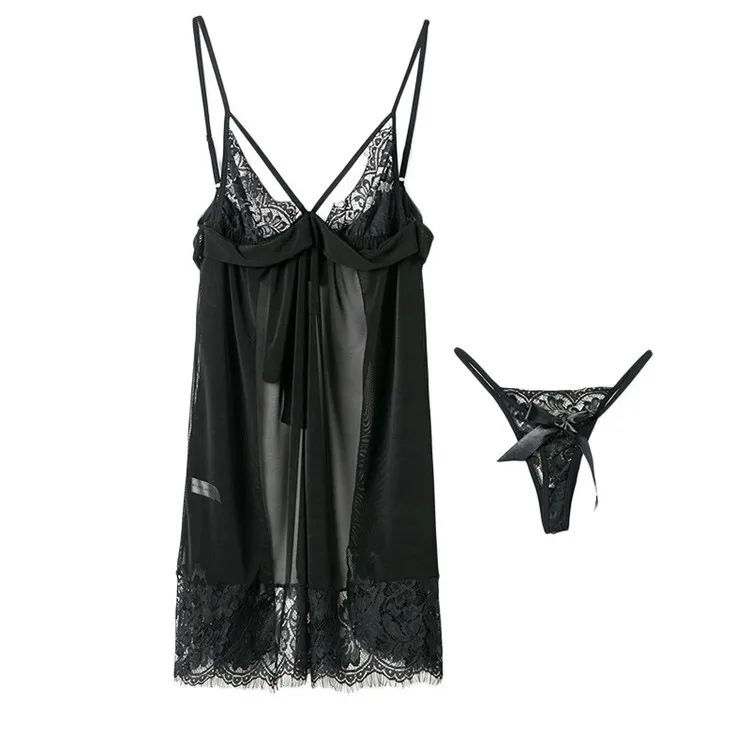 Caiyier Сексуальная кружевная ночная рубашка Глубокий v-образный вырез 2018 Лето Черная Вышивка спинки женские Ночная сорочка на бретелях