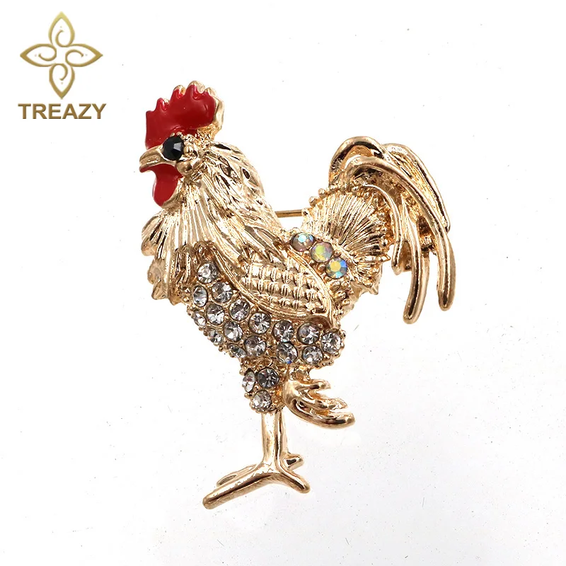 

TREAZY Lucky Zodiac Animal Rooster Brooch Pin For Women Rhinestone Enamel Animal Brooches Gold Color Crystal Cock Pins Cute Gift