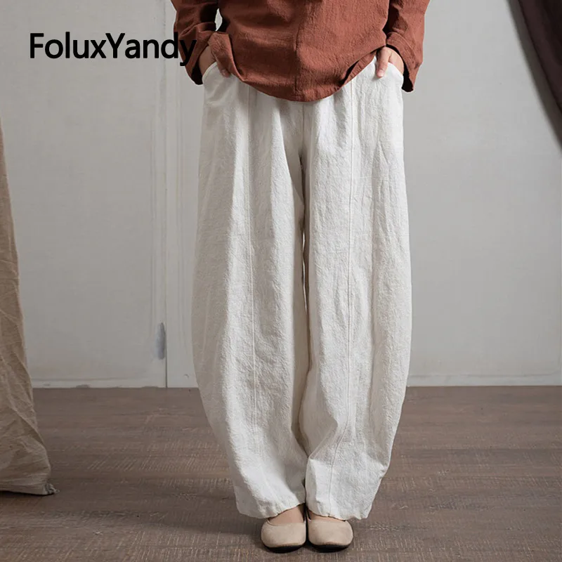 

2019 Summer Pants Women Loose Trousers Plus Size Casual Solid Elastic Waist Linen Lantern Pants 6 Colors JYMM251