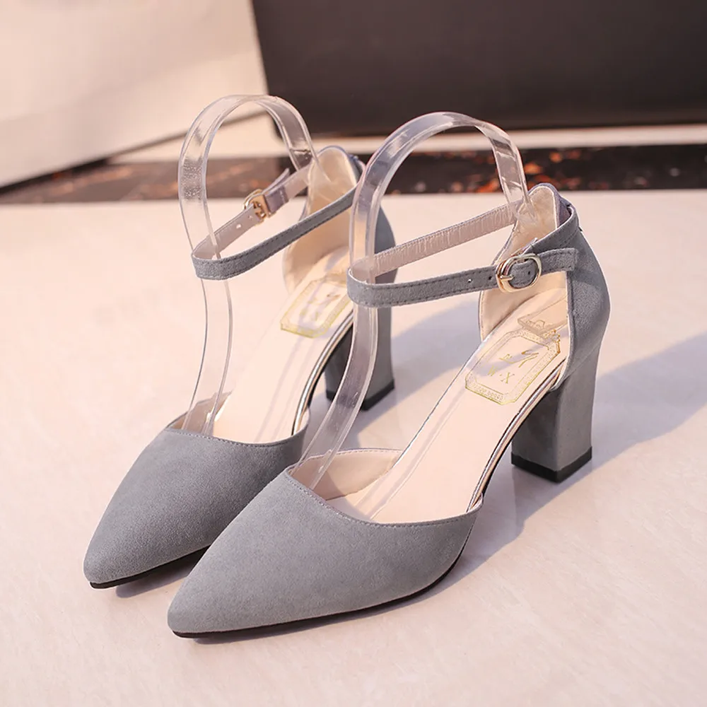 

High Heels Women Pumps Flock Ankle Thick Heels Ladies Party Pink Shoes Summer Buckle Ankle Strap Footwear