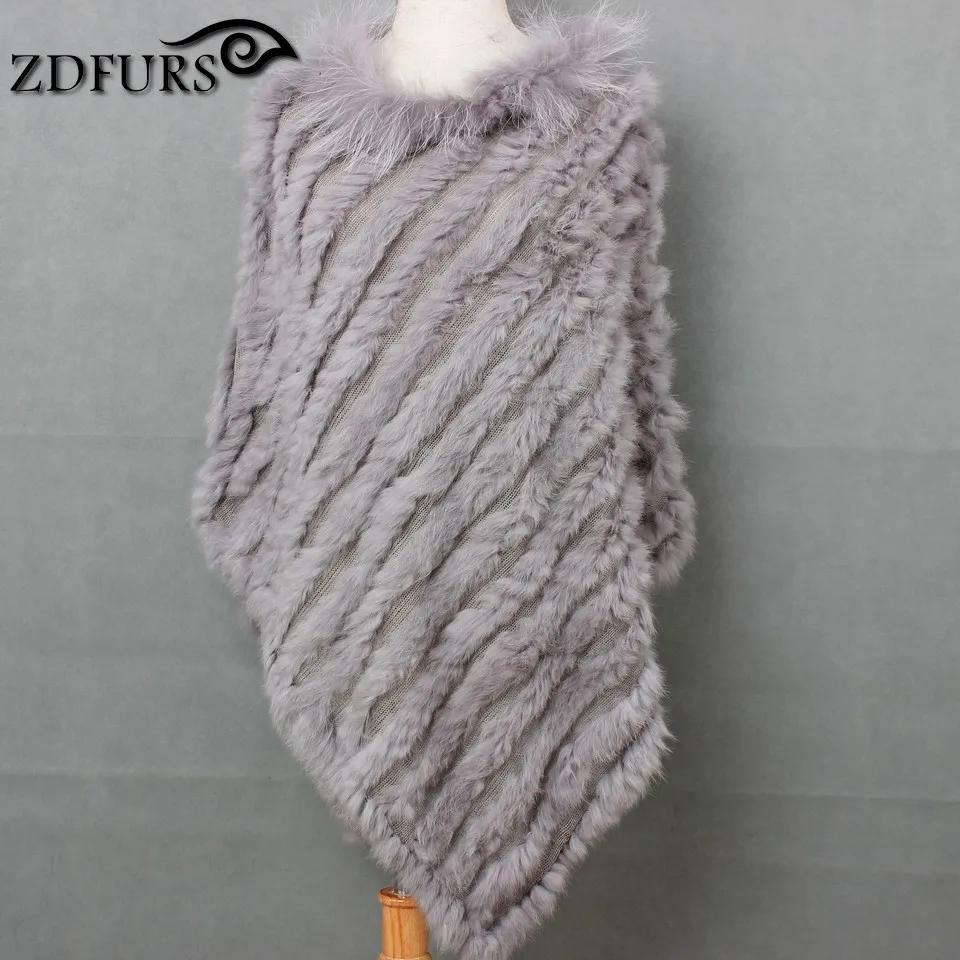ZDFURS* Вязаное пончо с натуральным кроличьим мехом размера плюс, воротник из меха енота, модная уличная меховая отделка