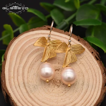 

GLSEEVO 925 Sterling Silver Leaves Dangle Earrings For Women Natural Fresh Water Pearl Luxury Earrings Handmade Jewelry GE0039