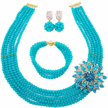 

Fashion Aqua Blue Crystal Beaded Multi Strands Necklace Nigerian Wedding African Beads Jewelry Set for Women 5L-DS001