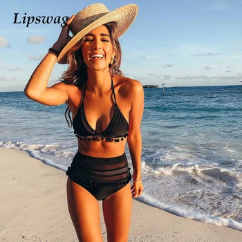 

Striped bandage tassel ball bikini swimwear women sexy mesh high waist bikini set swimsuit halter push up biquini bathing suit