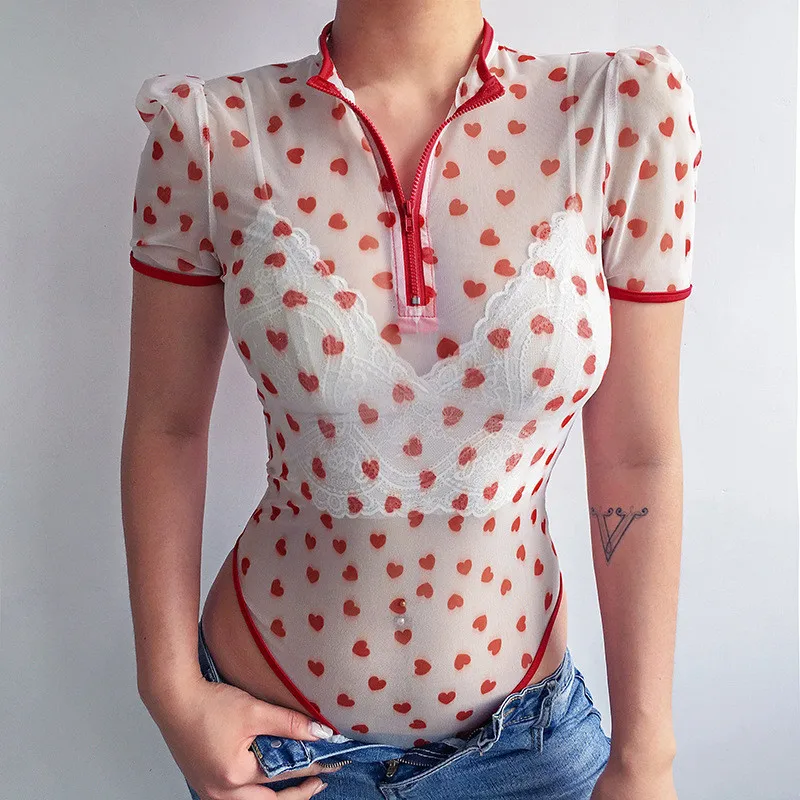 

Women Sexy Transparent Heart Print Bodysuit Short Sleeve Mesh Patchwork Bodycon Bodysuit See Through Romper Jumpsuits Women Top