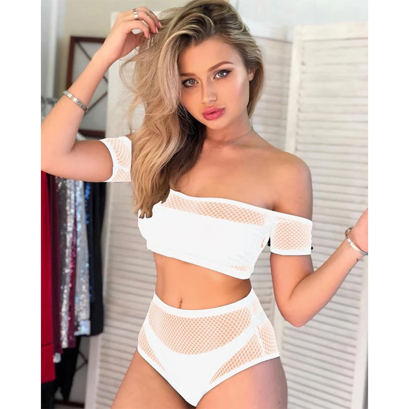 Z-LAI Women Four-Piece Bikini Set Off Shoulder Mesh Crop Bandeau Swimsuit High Waist Cover Ups Solid Color Bathing Suit Swim Z-LAI Women Four-Piece Bikini Set Off Shoulder Mesh Crop Bandeau Swimsuit High Waist Cover Ups Solid Color Bathing Suit Swim