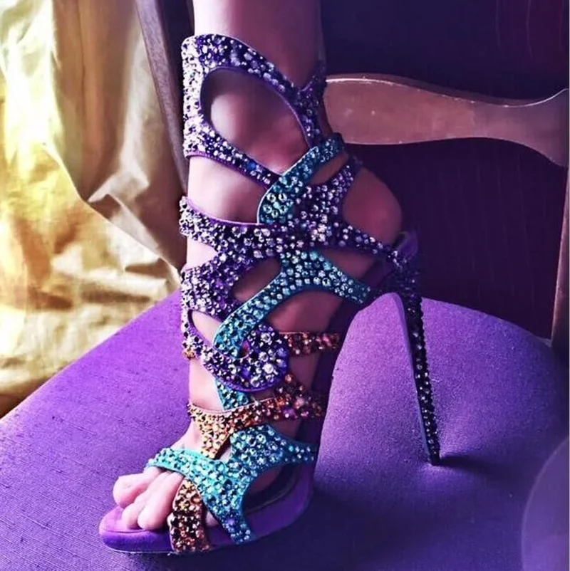 

Rhinestone Mixed Color Sandals Street Shooting High-heeled Sexy Laser Model Catwalk Show Hollow Open Toe Women's Sandals
