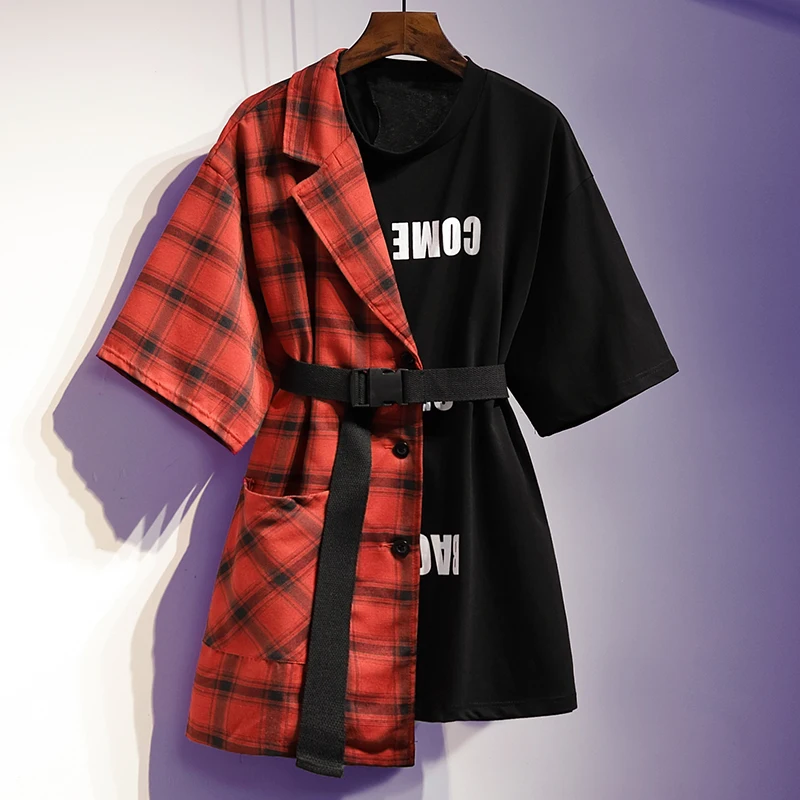 

XL- 5XL Plus size Korean Style Women Summer Short Sleeves Letter Print Patchwork Plaid Shirts Female Casual tops N022