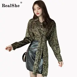 RealShe новая рубашка Женская Turn-Down воротник с длинным рукавом пуговицы свободные леопардовая повязка рубашка женская элегантная уличная