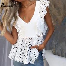 Aimsnug 2019 New Guipure Lace White Female Blouse OL Summer V Neck Solid Raglan Sleeve Casual Beach Womens Tops And Blouses raglan sleeve knot side blouse