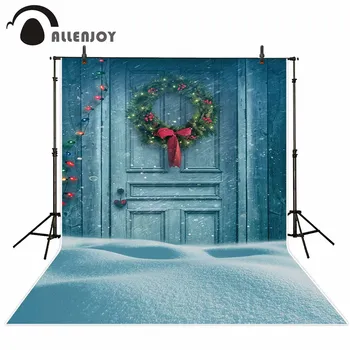 

Allenjoy Christmas photo backdrop blue door wreath bokeh snowflake background photocall customize computer printing
