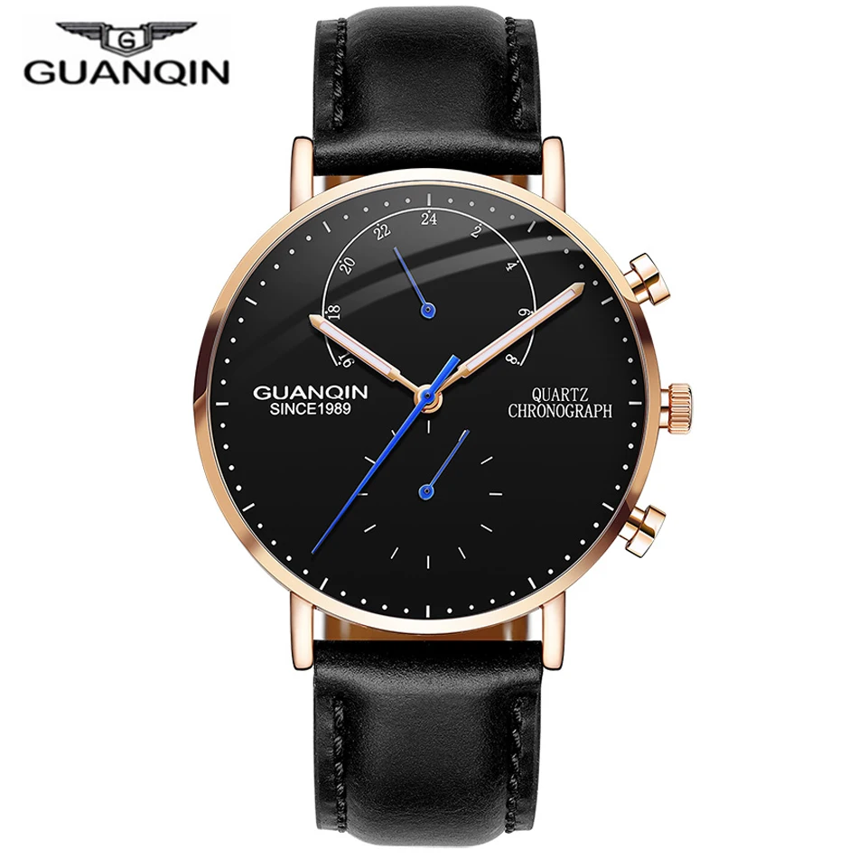 

GUANQIN Quartz Watches Top Brand Simple Style Watch with Leather Strap Waterproof Watches Men Stainless Steel Case Clock 2018