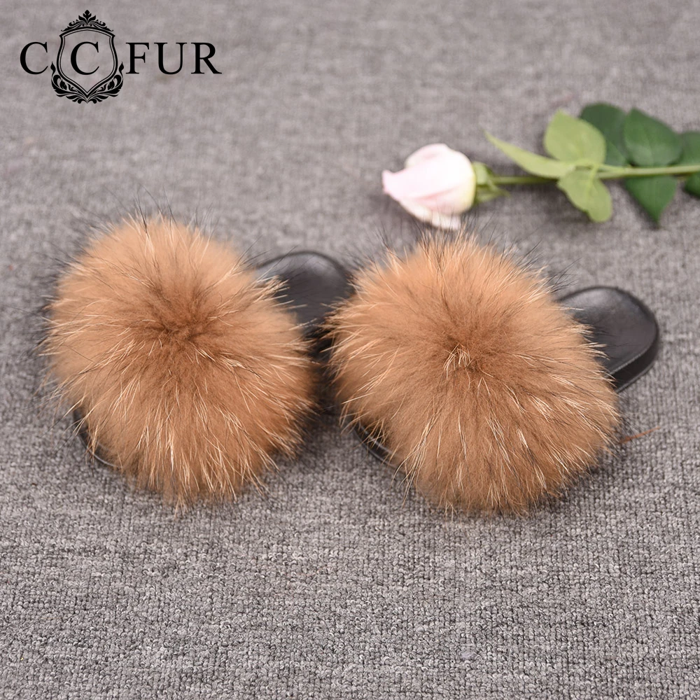 Womens Fur Slipper Real Raccoon Fur Fashion Style Furry Slides Soft Warm Big Fluffy Fur Shoes S6020E,Raccoon Black,34