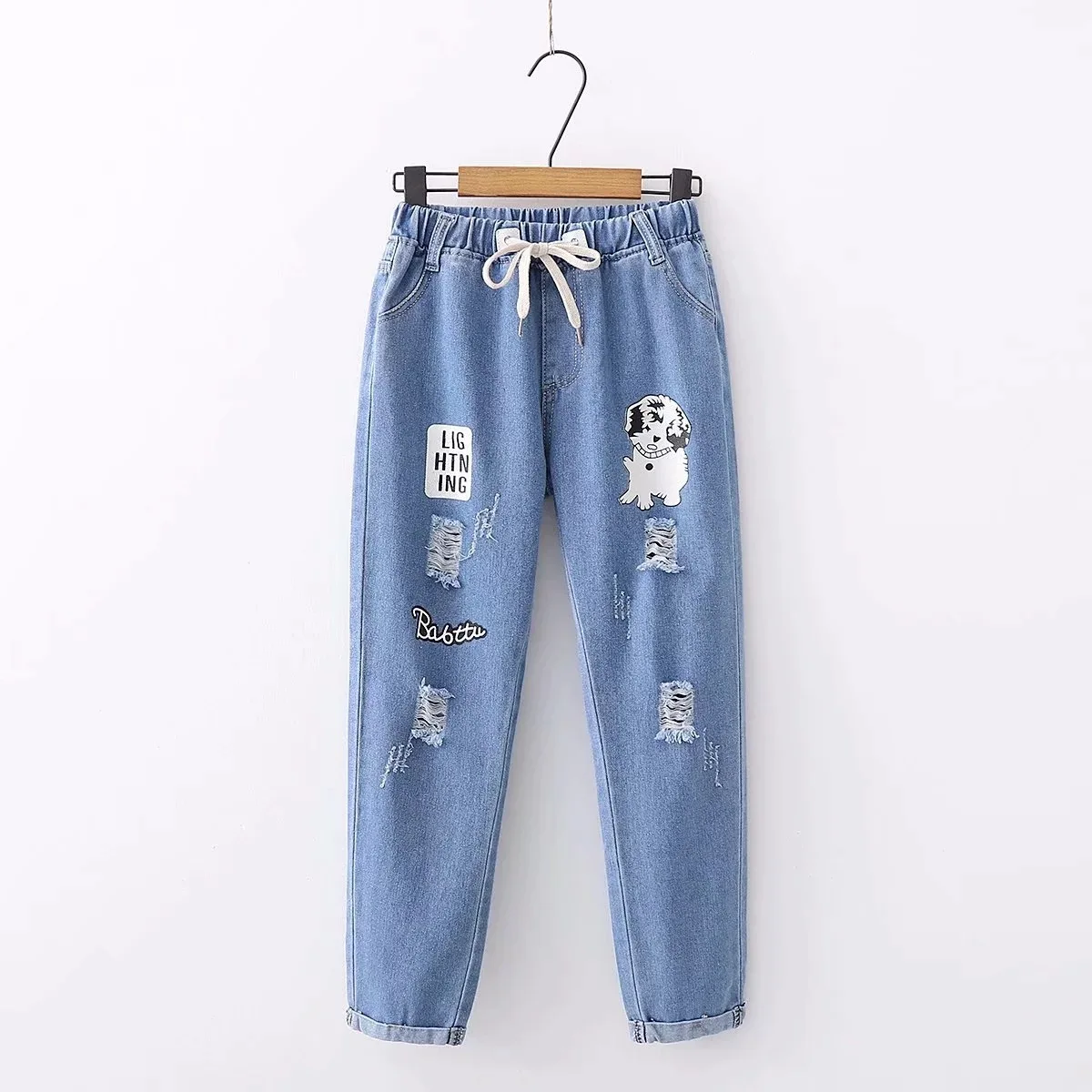 Японский для женщин милый мультфильм щенок печати отверстия, высокая талия джинсовые штаны, женская одежда