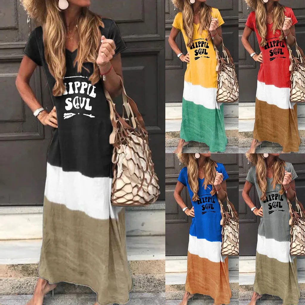 

Summer Women 2019 Plus Size Daily Tie-dyed Color Block Loose V Neck Short Sleeve Maxi Dress Boho vestidos