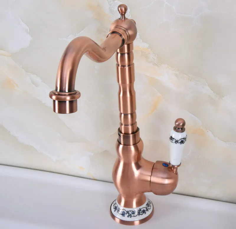 Antique Red Copper Brass Ceramic Base Kitchen Wet Bar Bathroom Vessel Sink Faucet Single Hole