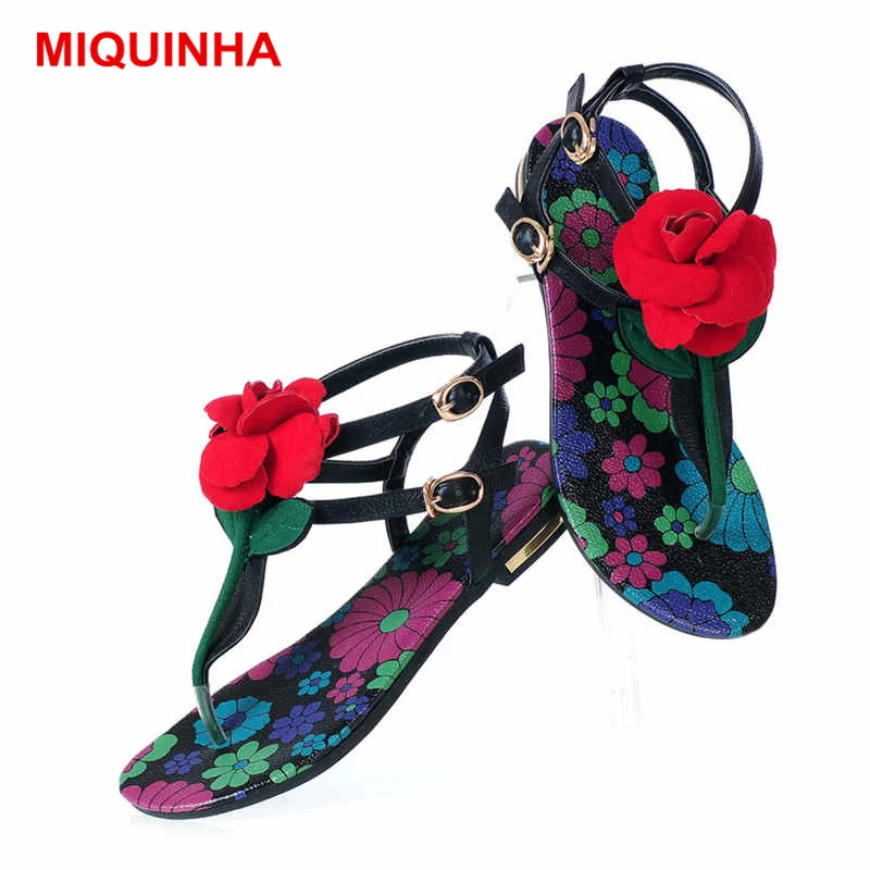 

MIQUINHA Rose Flower Decor Casual Shoes Summer Vacation Beach Women Flats Lady Sandals Flip Flop Buckle Shoes Mujer Sandalia
