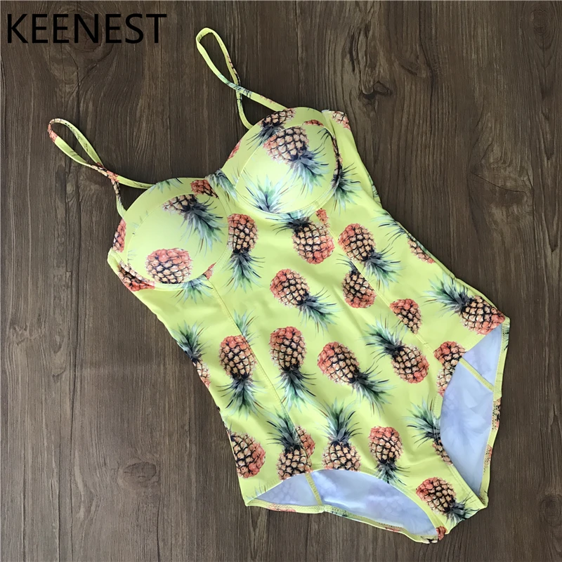 

KEENEST Swimwear Women 2018 Swimsuit Female Pineapple One Piece Push Up bikini Set Girls