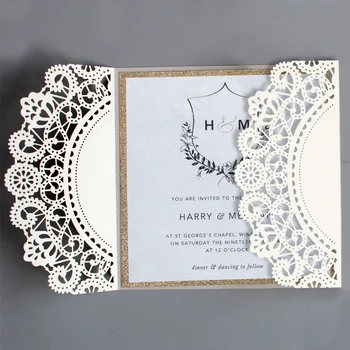 

Lace Wedding Invitations Customized Invitations Unique Invitation Cards with Gold Liner - Set of 50