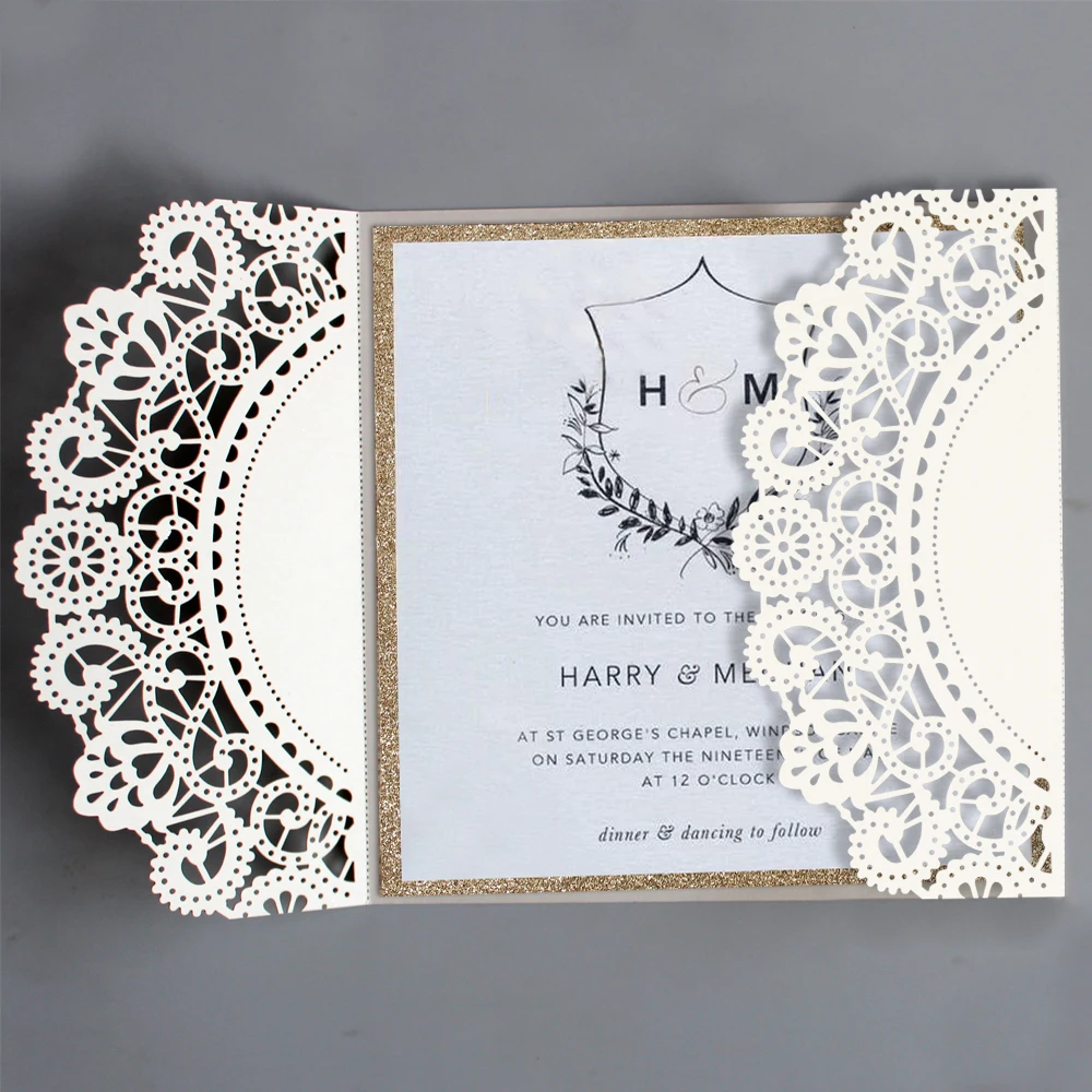  Lace Wedding Invitations Customized Invitations Unique Invitation Cards with Gold Liner - Set of 50 - 32877960232