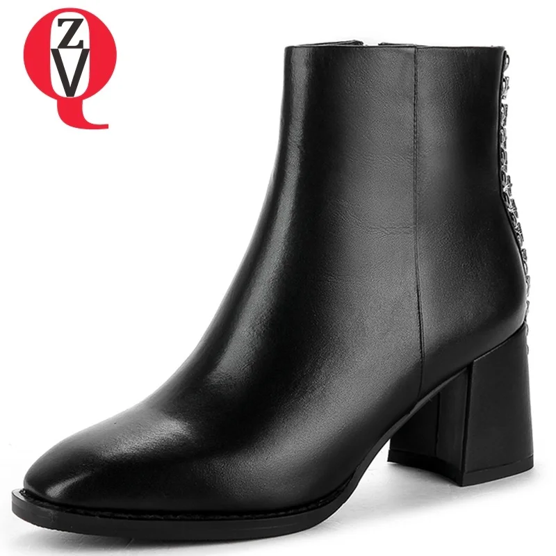 

ZVQ 2018 hot sale new fashion square toe genuine leather women shoes high hoof heels zipper rivet white and black ankle boots