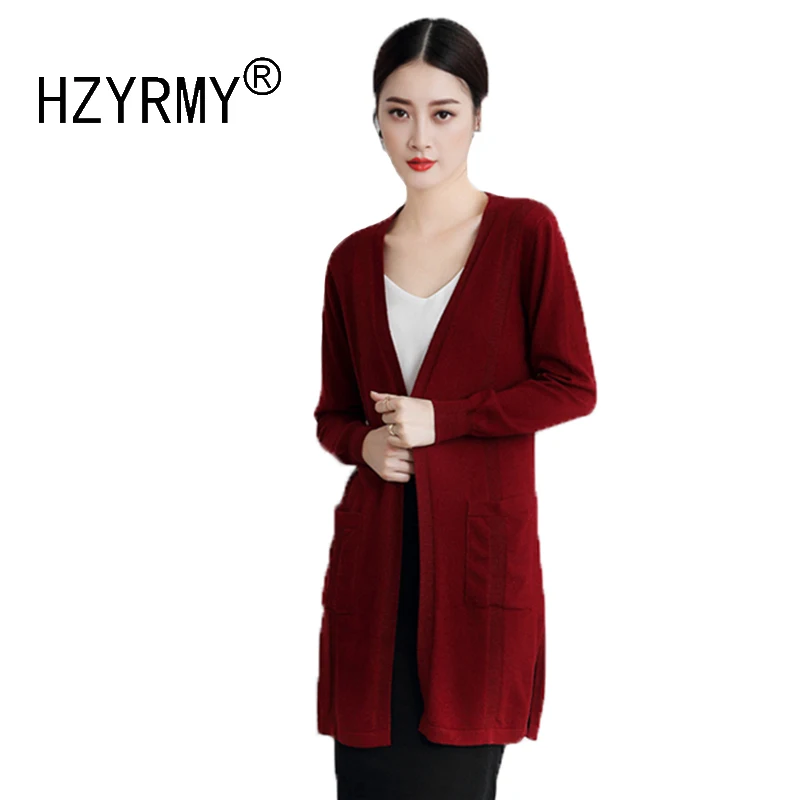 HZYRMY Spring and Autumn New Women's Cashmere Cardigan Fashion Slim pocket Pure Color Jacket V-neck Wool Knit Soft Joker Shirt 