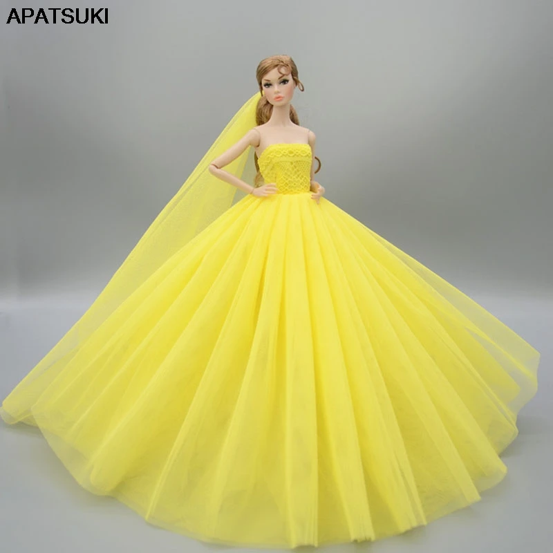 Yellow Doll Dress For Barbie Doll Clothes High Quality Long Tail ...