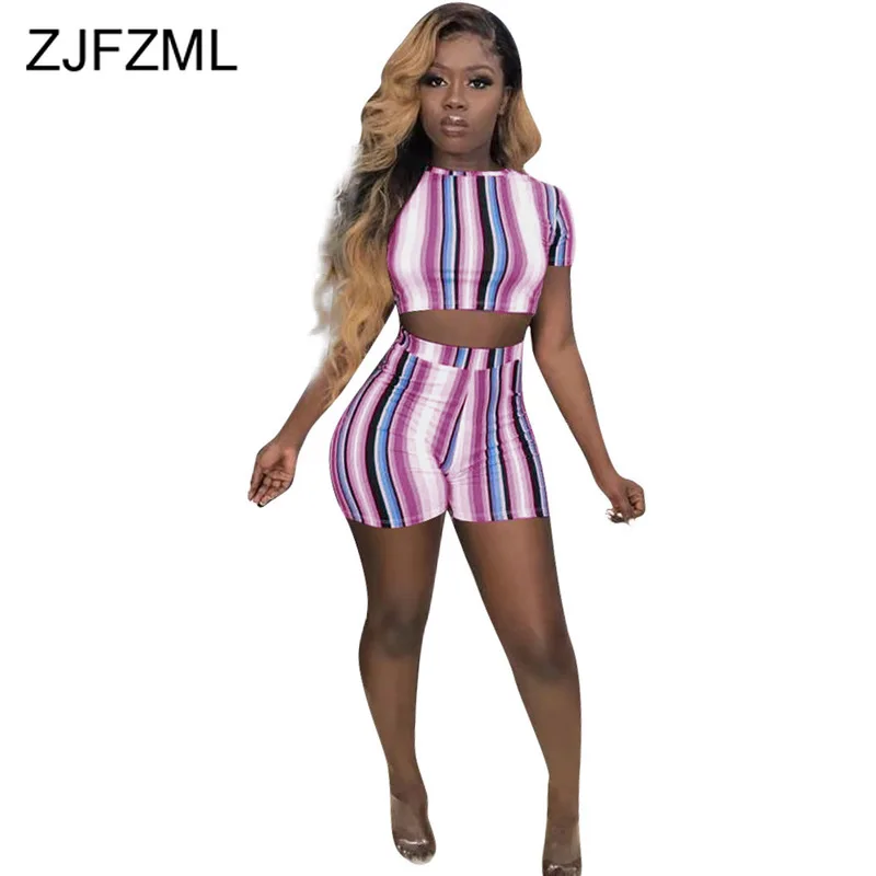 

Striped Print Plus Size Two Piece Sweat Suits Women O Neck Short Sleeve Crop Top And Biker Shorts Summer 2 Piece Matching Sets